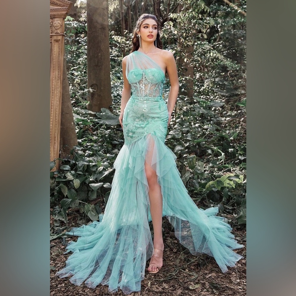 Faeriesty Luxury One Shoulder Tulle Overlay Mermaid Floral Sequin Dress Sz Large - Picture 3 of 7